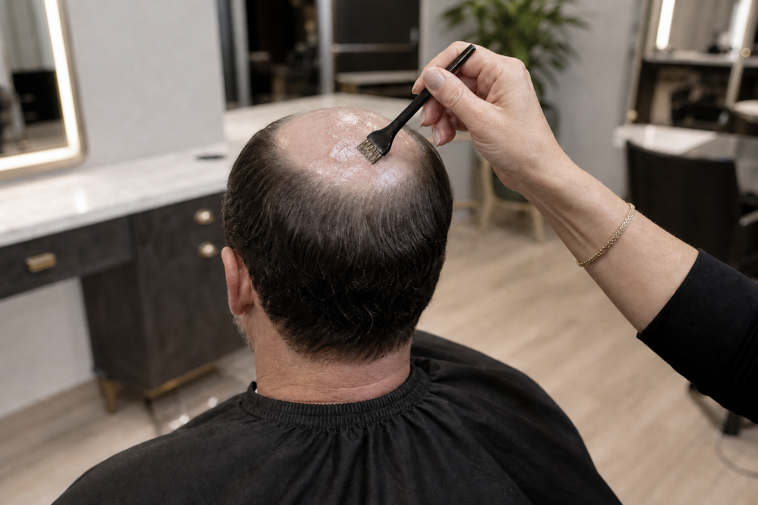 Hair system application preparation with adhesive at a Kenosha salon